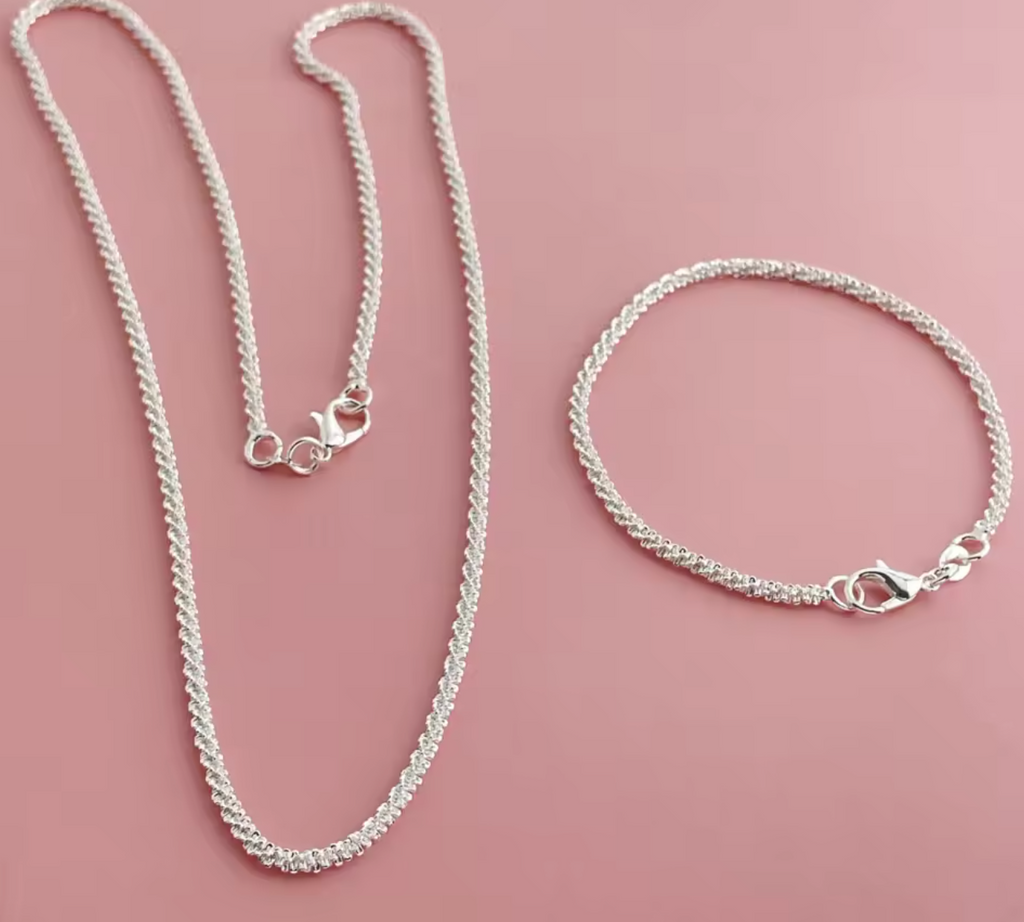 925 Sterling Silver 2mm Side Chain Necklace & Bracelet Set for Men and Women