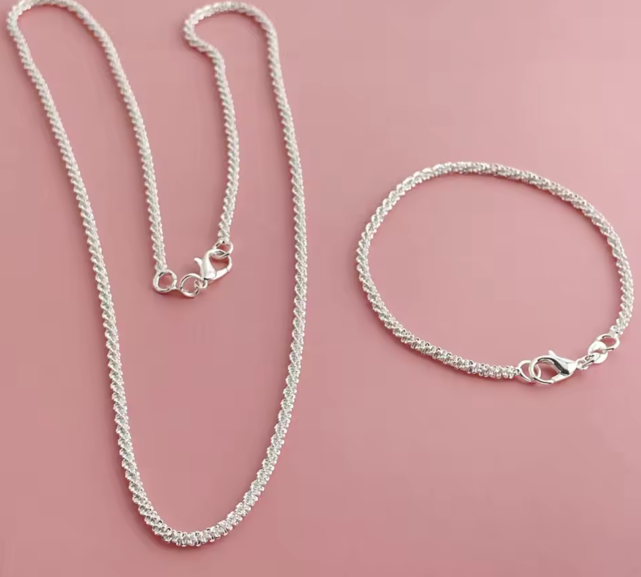 925 Sterling Silver 2mm Side Chain Necklace & Bracelet Set for Men and Women