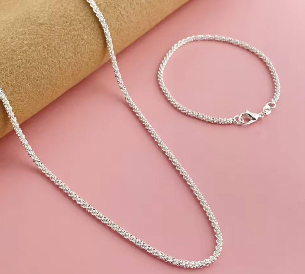 925 Sterling Silver 2mm Side Chain Necklace & Bracelet Set for Men and Women
