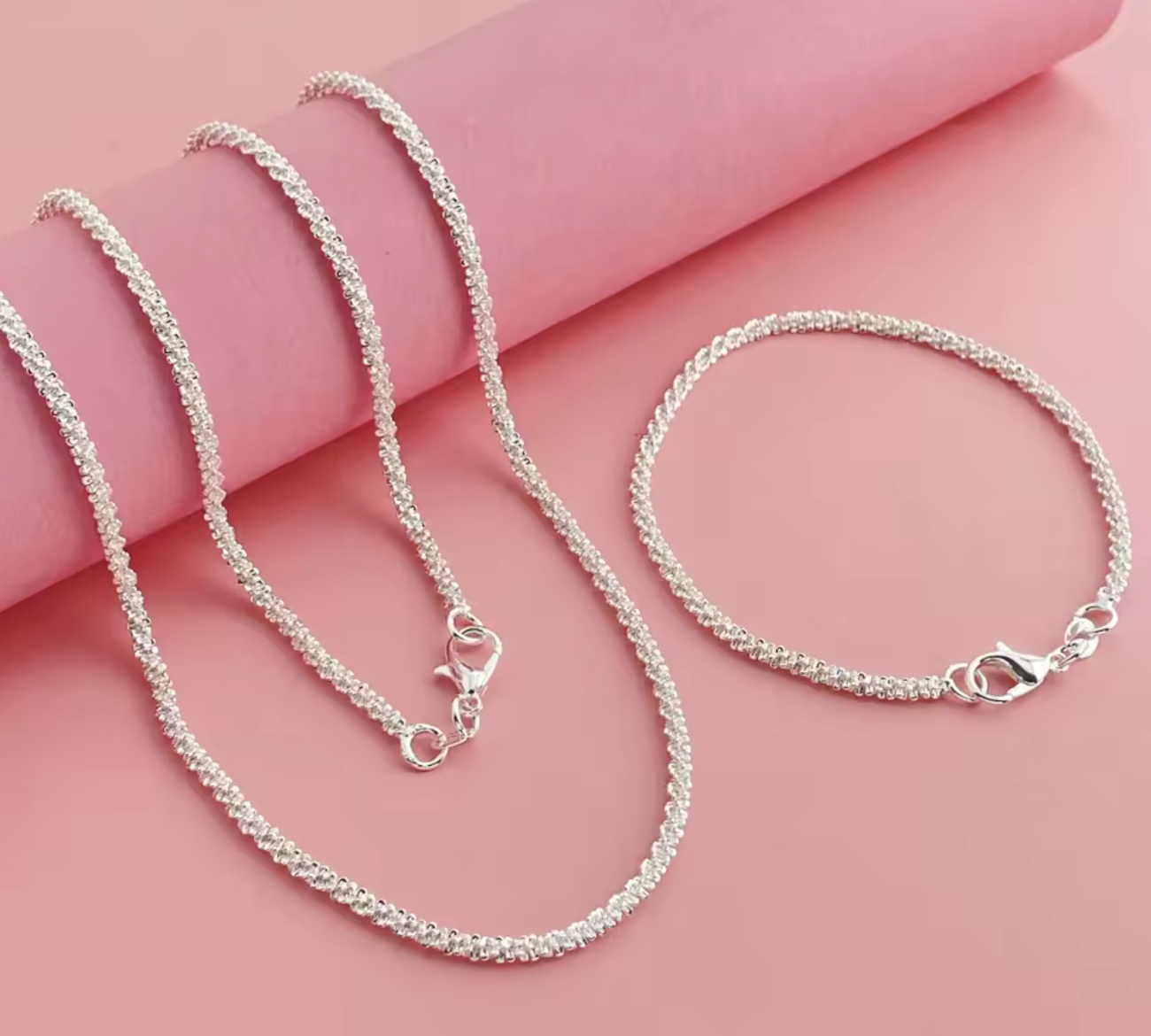 925 Sterling Silver 2mm Side Chain Necklace & Bracelet Set for Men and Women