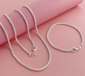 925 Sterling Silver 2mm Side Chain Necklace & Bracelet Set for Men and Women