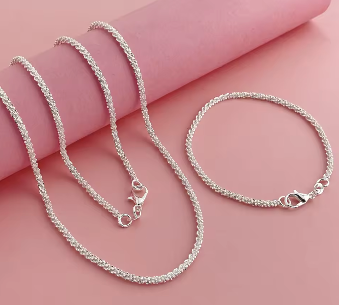 925 Sterling Silver 2mm Side Chain Necklace & Bracelet Set for Men and Women