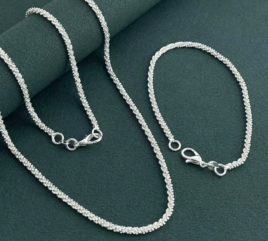 925 Sterling Silver 2mm Side Chain Necklace & Bracelet Set for Men and Women