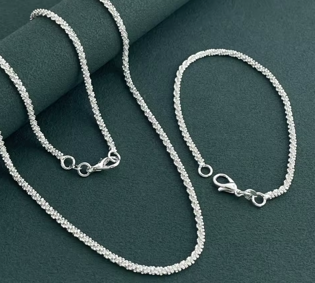 925 Sterling Silver 2mm Side Chain Necklace & Bracelet Set for Men and Women
