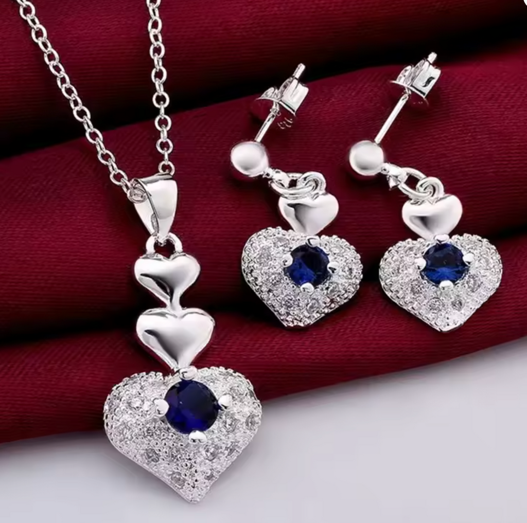 Blue Crystal Heart Jewelry Set for Women